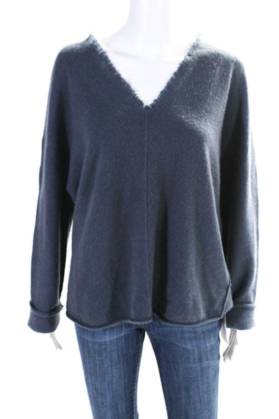 Vince Womens Cashmere Fringe V Neck Long Sleeves Sweater Blue Size Large