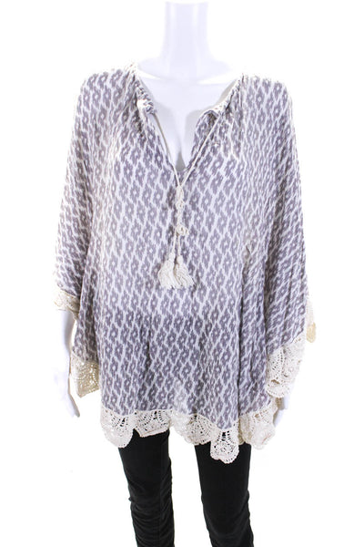 Eberjey Womens Cotton Ikat Print V Neck Lace Trim Blouse Gray Size O/S