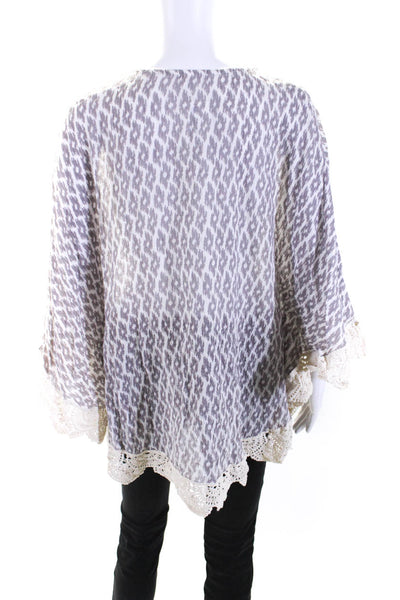 Eberjey Womens Cotton Ikat Print V Neck Lace Trim Blouse Gray Size O/S