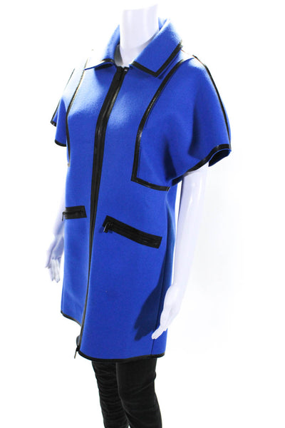 Michael Kors Womens Wool Collared Short Sleeve Zip Up Longline Coat Blue Size 4