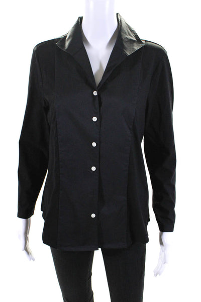 Hinson Wu Womens Cotton Blend Long Sleeve Button Up Blouse Top Black Size M