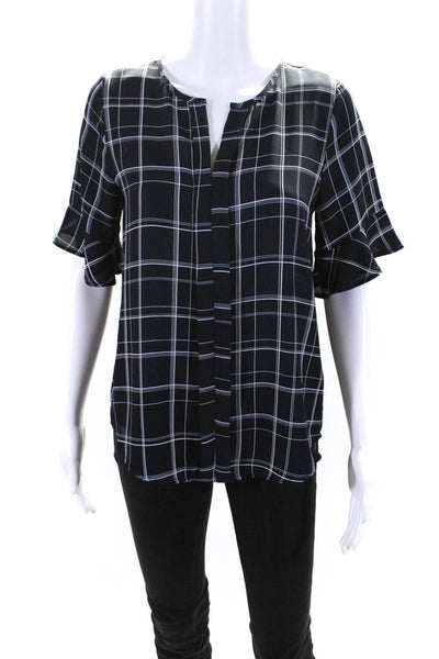 Kay Celine Womens Navy Blue Plaid V-Neck Short Sleeve Blouse Top Size XS