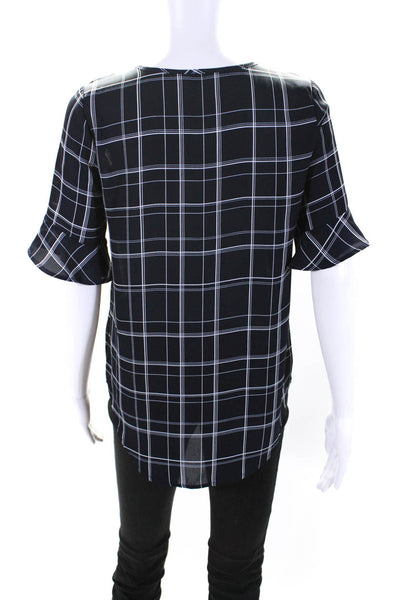 Kay Celine Womens Navy Blue Plaid V-Neck Short Sleeve Blouse Top Size XS