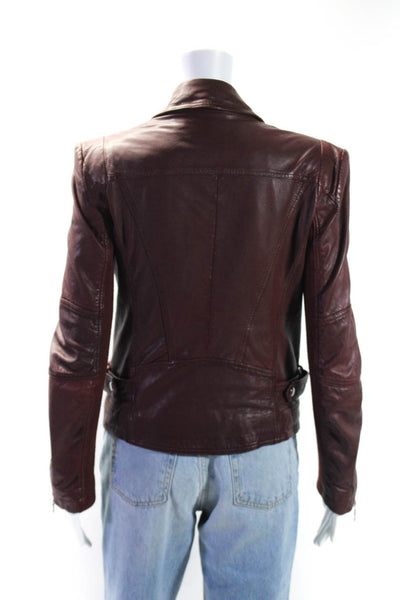 Whistles Women's Long Sleeves Asymmetrical Leather Moto Jacket Burgundy Size 8