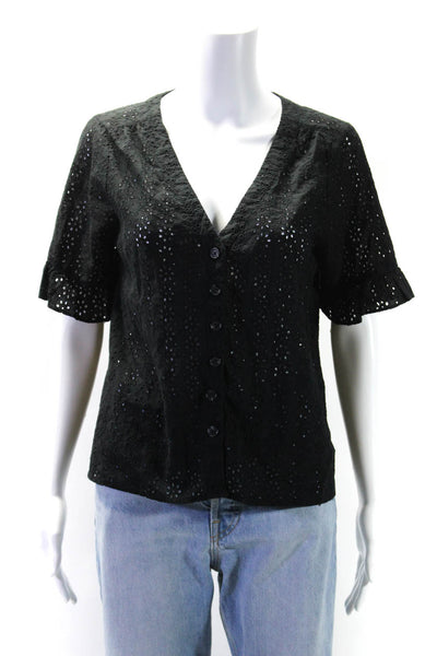 Madewell Womens Black Cotton Cut Out Lace V-Neck Short Sleeve Blouse Top Size S