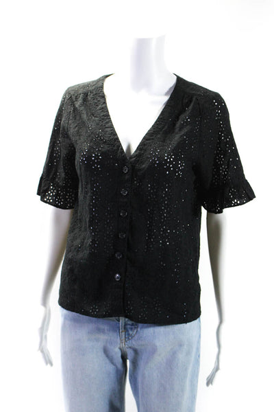 Madewell Womens Black Cotton Cut Out Lace V-Neck Short Sleeve Blouse Top Size S