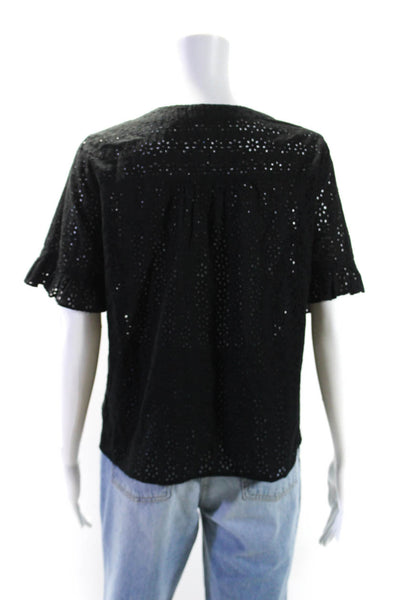 Madewell Womens Black Cotton Cut Out Lace V-Neck Short Sleeve Blouse Top Size S