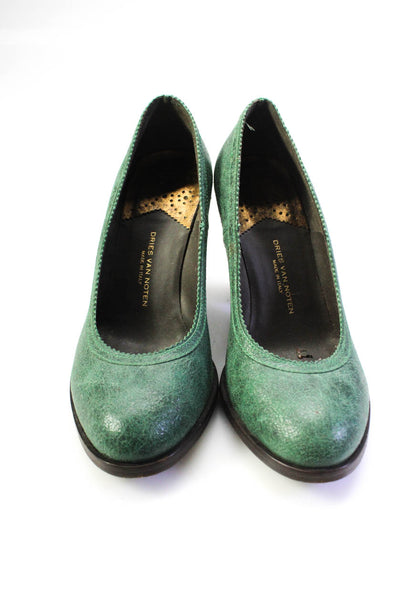 Dries Van Noten Womens Block Heel Round Toe Scalloped Pumps Green Size 36