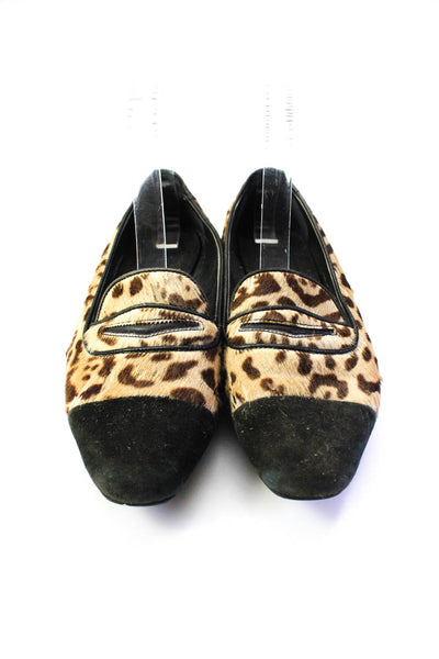 J Crew Womens Slip On Cap Toe Leopard Pony Hair Loafers Brown Black Size 6.5