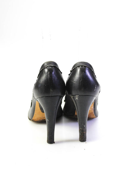 Chloe Womens Stiletto Round Toe Scalloped Pumps Black Leather Size 37