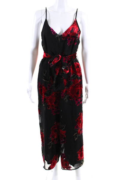 Anthropologie Womens Floral Print V Neck Jumpsuit Black Red Size Extra Small