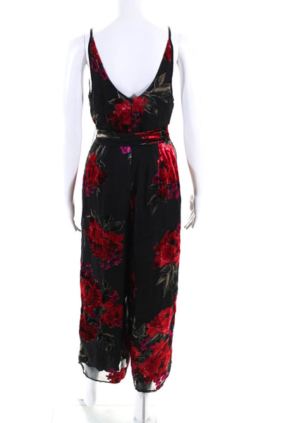 Anthropologie Womens Floral Print V Neck Jumpsuit Black Red Size Extra Small