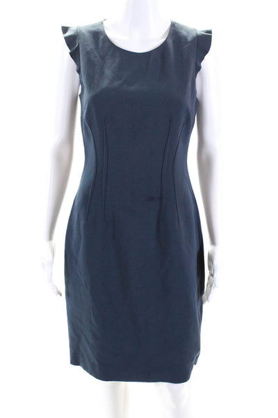 Elie Tahari Womens Ruffled Short Sleeves Midi Sheath Dress Blue Size 4