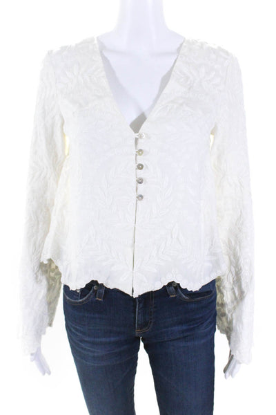 Intermix Womens Cotton Embroidered Long Sleeve V Neck Blouse White Size P