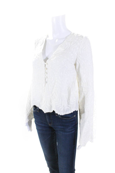 Intermix Womens Cotton Embroidered Long Sleeve V Neck Blouse White Size P