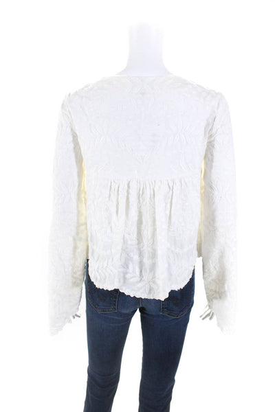 Intermix Womens Cotton Embroidered Long Sleeve V Neck Blouse White Size P