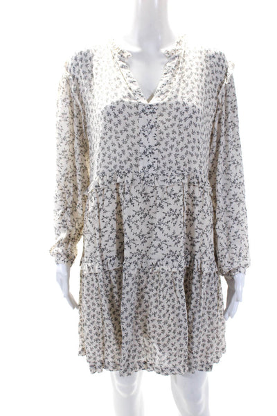 Rails Womens Woven Floral Printed V-Neck Long Sleeve A-Line Dress White Size M