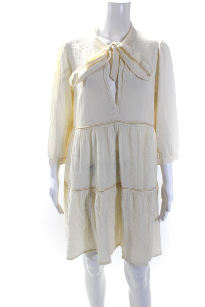 Honorine Womens Cotton Gauze V-Neck Tie Front Sheer A-Line Dress Beige Size S