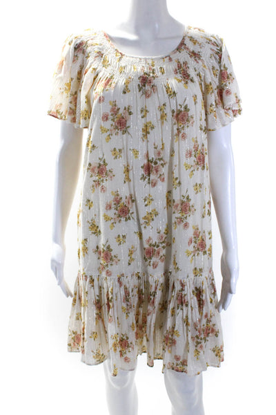 La Vie Womens Cotton Metallic Floral Flutter Sleeve A-Line Dress White Size M