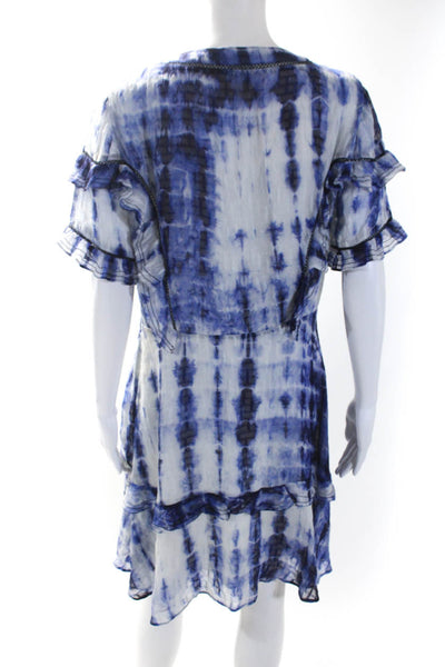 Tanya Taylor Womens Silk Tie Dye V-Neck Ruffled A-Line Dress Blue White Size 10