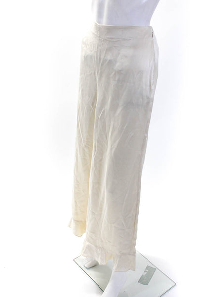 Doen Womens Silk High Rise Wide Leg Ruffle Trim Pajama Pants Cream Size L