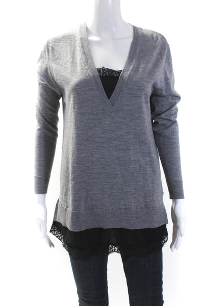 Bailey 44 Womens Lace Trim Long Sleeves V Neck Sweater Gray Wool Size 2