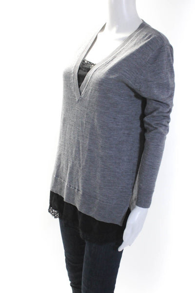 Bailey 44 Womens Lace Trim Long Sleeves V Neck Sweater Gray Wool Size 2