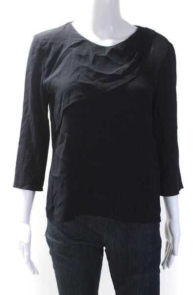 Sandro Womens Long Sleeves Draped Over Lay Detail Blouse Navy Blue Size 3