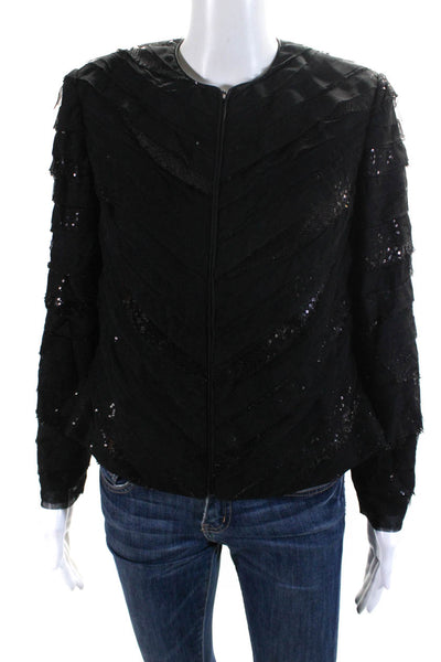 Peggy Jennings Womens Sequin Mesh Satin Piping Zip Jacket Black Size Small