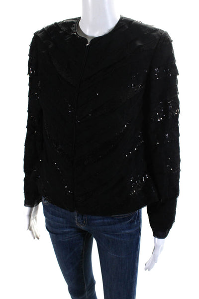 Peggy Jennings Womens Sequin Mesh Satin Piping Zip Jacket Black Size Small