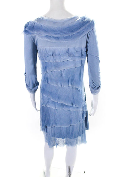 Tempo Paris Womens Long Sleeve Raw Hem Silk Jersey Sheath Dress Blue Size Small