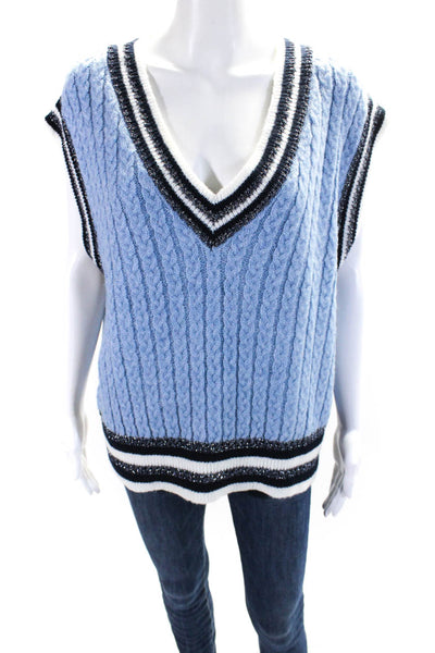 MNG Womens Knitted Metallic Striped V-Neck Sleeveless Sweater Vest Blue Size S