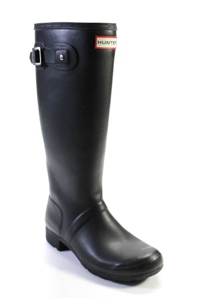 Hunter Womens Embossed Side Buckled Round Toe Mid-Calf Rainboots Black Size 7