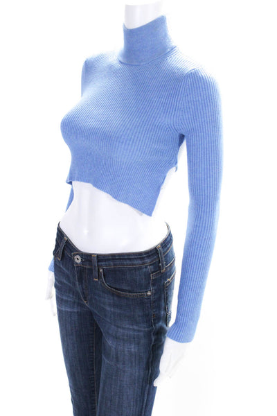 Camila Coelho Womens Turtleneck Long Sleeves Ribbed Open Black Blouse Blue Size