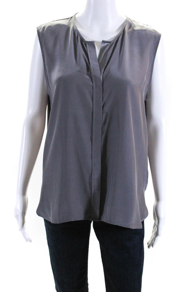 ATM Womens Silk V-Neck Covered Placket Button Sleeveless Blouse Top Gray Size L