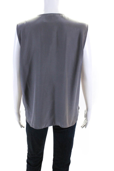 ATM Womens Silk V-Neck Covered Placket Button Sleeveless Blouse Top Gray Size L