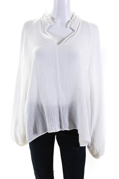 Felicite Womens Cotton V-Neck Ruched Long Sleeve Textured Blouse White Size 4