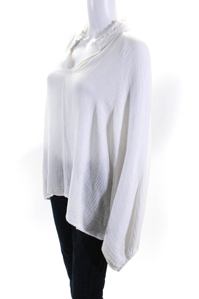 Felicite Womens Cotton V-Neck Ruched Long Sleeve Textured Blouse White Size 4