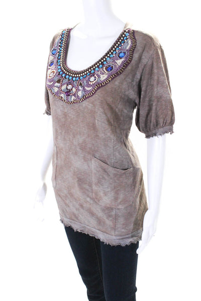 Free People Womens Beaded Jeweled Short Sleeves Blouse Brown Size Extra Small