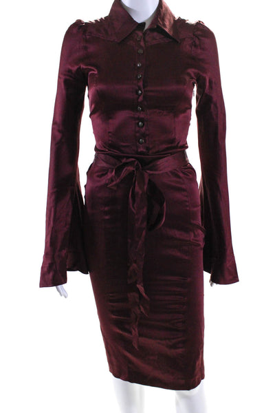 Just Cavalli Womens Side Zip Long Sleeve Collared Silk Midi Dress Red Size IT 40
