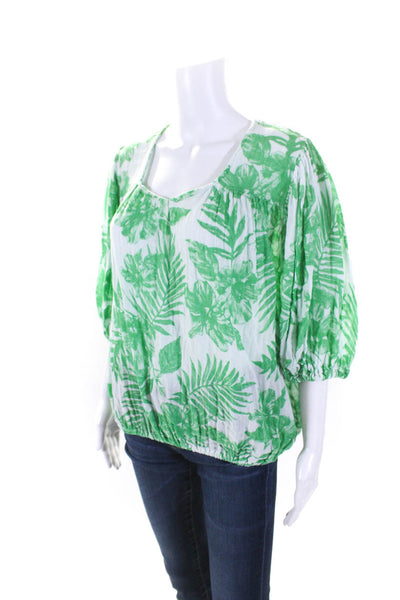 Felicite Womens Cotton Floral Print Long Sleeve Ruched Blouse Green Size 4