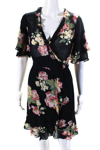 By Timo Womens Floral V-Neck Ruffle Trim Short Sleeve Wrap Dress Navy Size M