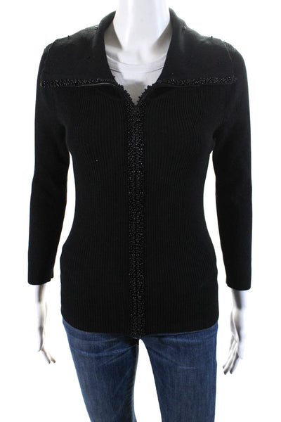 Samuel Dong Womens Ribbed Knit Beaded Zip Sweater Jacket Black Silk Size Medium