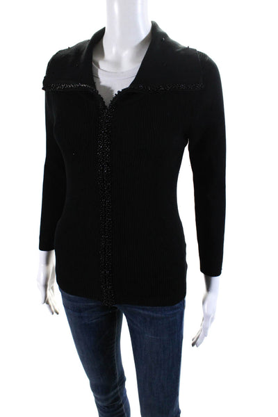 Samuel Dong Womens Ribbed Knit Beaded Zip Sweater Jacket Black Silk Size Medium