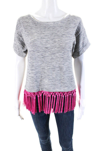 Milly Womens Fringe Hem Short Sleeve Crew Neck Sweater Gray Pink Size Small