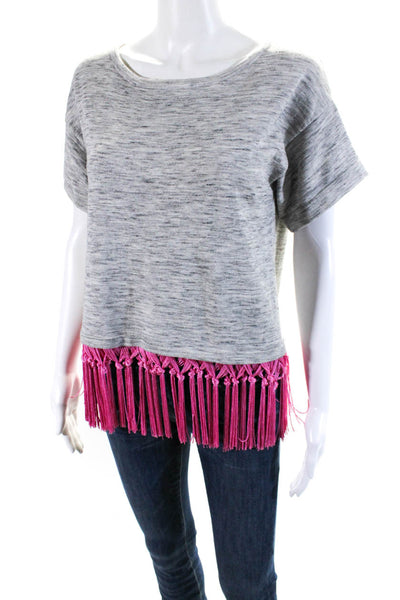 Milly Womens Fringe Hem Short Sleeve Crew Neck Sweater Gray Pink Size Small