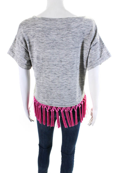 Milly Womens Fringe Hem Short Sleeve Crew Neck Sweater Gray Pink Size Small