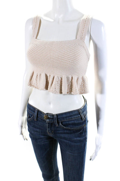 ALC Womens Sleeveless Square Neck Knit Ruffled Crop Top Beige Cotton Size XS