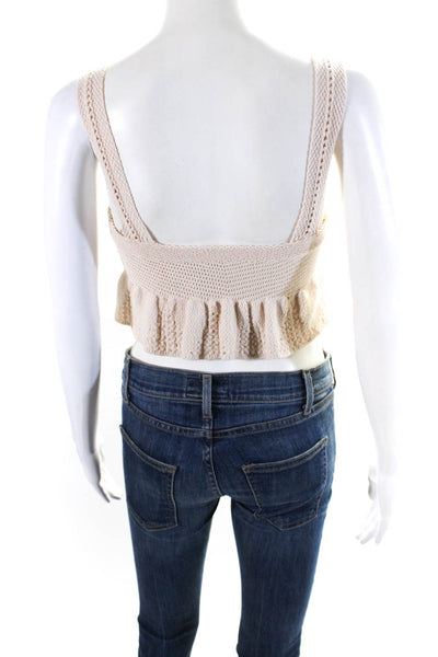 ALC Womens Sleeveless Square Neck Knit Ruffled Crop Top Beige Cotton Size XS