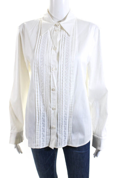 Escada Womens Cream Cotton Lace Trim Long Sleeve Button Down Blouse Top Size 40